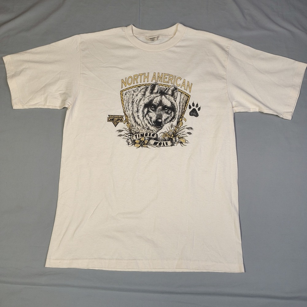 Vintage Del Sol North American Timber Wolf Graphic T-Shirt Cream Mens Large USA